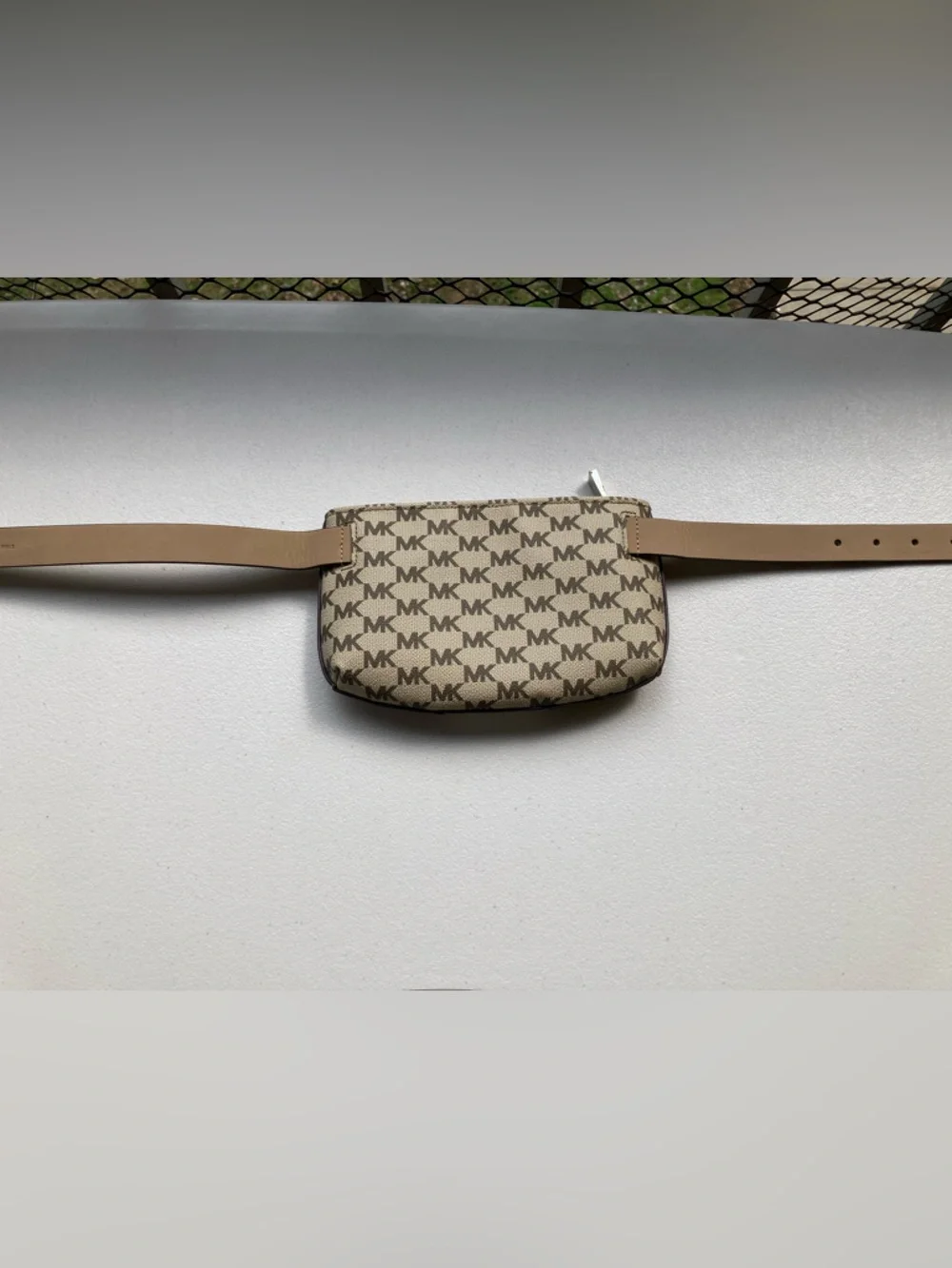 Michael Kors Signature Logo Print Belt Bag Brown Khaki Sporty White Stripe S/M